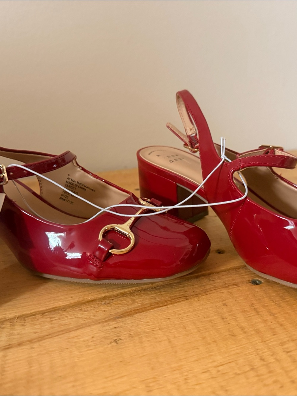 a new day Red Patent Mary Jane Block Heel Pumps with Gold Accent